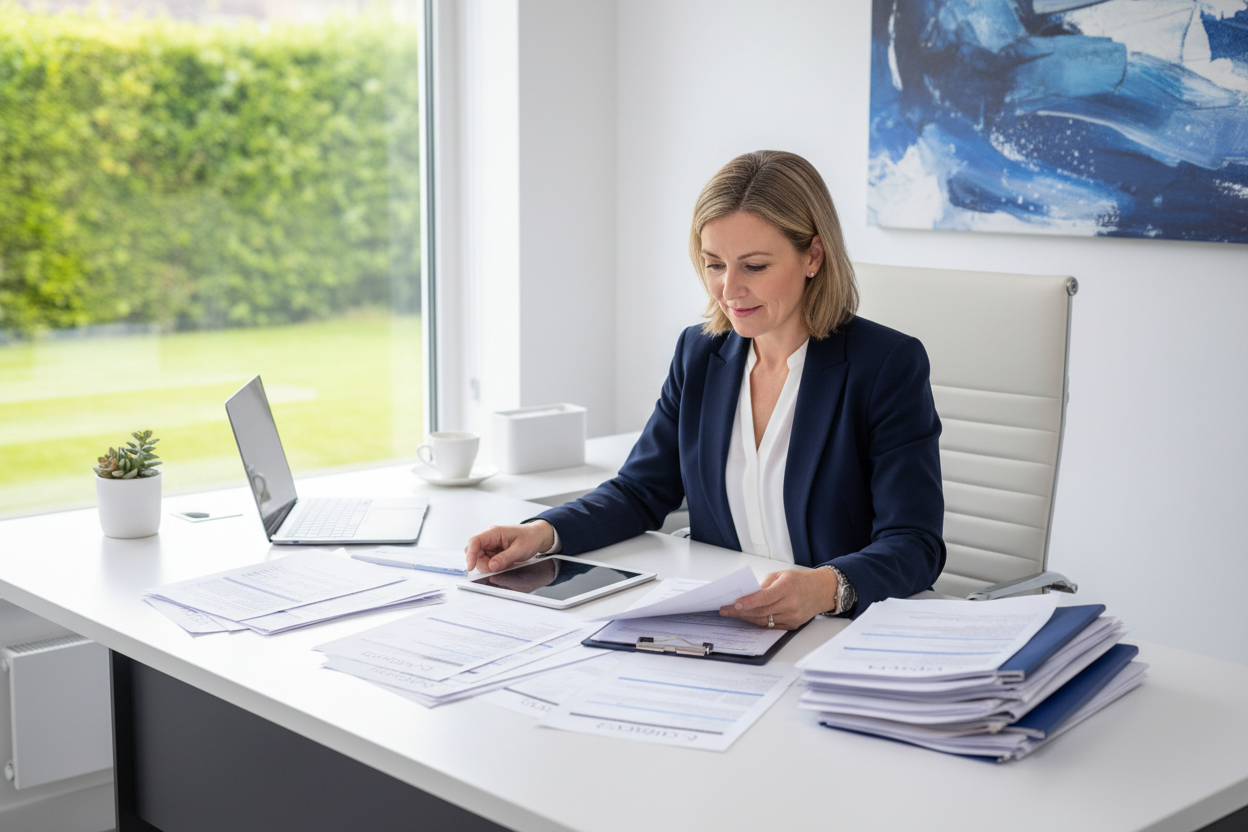 Care home manager reviewing CQC inspection preparation documents at a desk