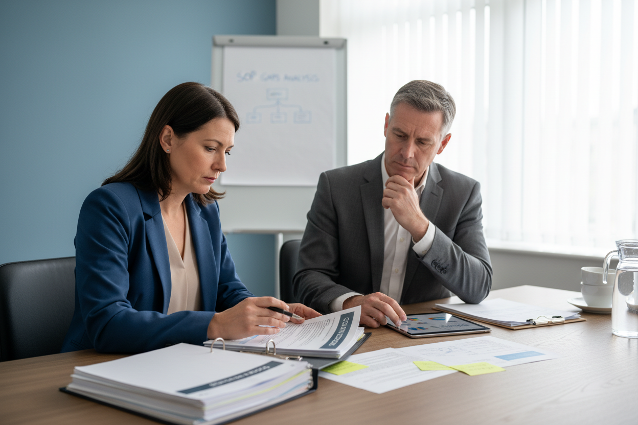 CQC inspector reviewing documents with a care home manager at a table
