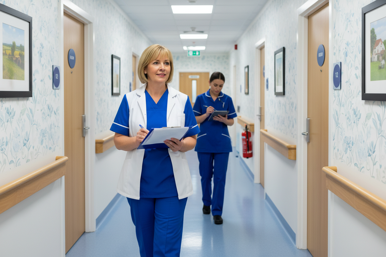 Care home manager conducting an internal audit with a clipboard in a care home corridor