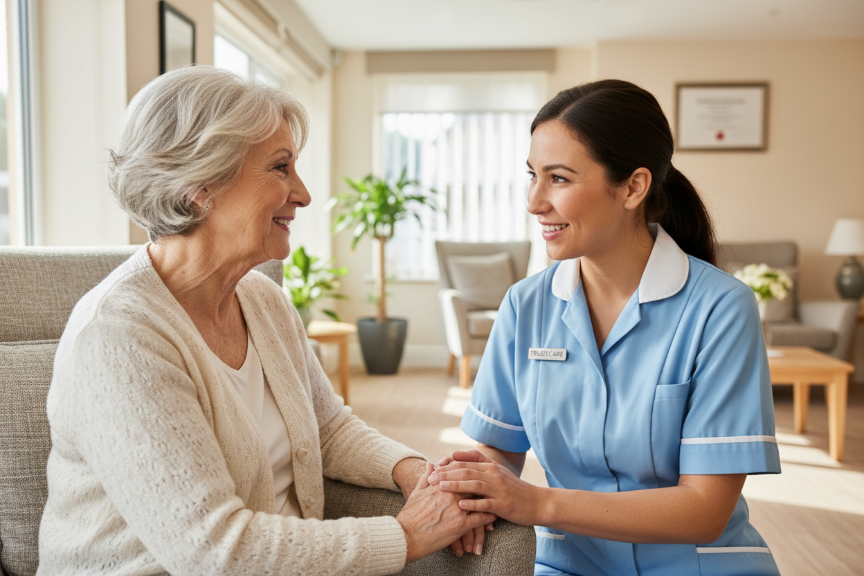 Care worker in compassionate conversation with elderly resident in a care home lounge