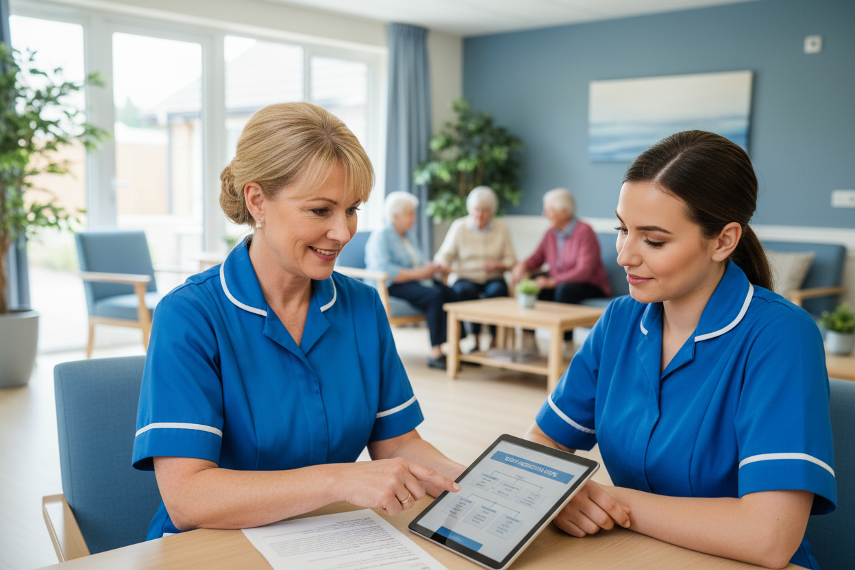 Senior care worker training a new staff member in a bright care home setting