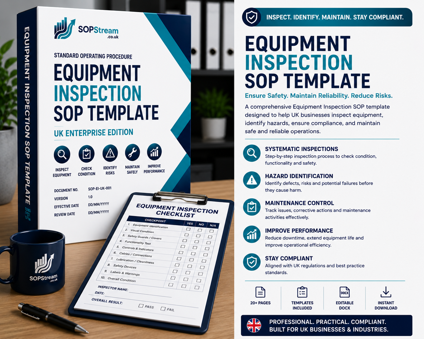 Equipment Inspection SOP Template | UK Enterprise Edition | Equipment Checks, Defect Reporting & Maintenance Control Procedure UK editable SOP template