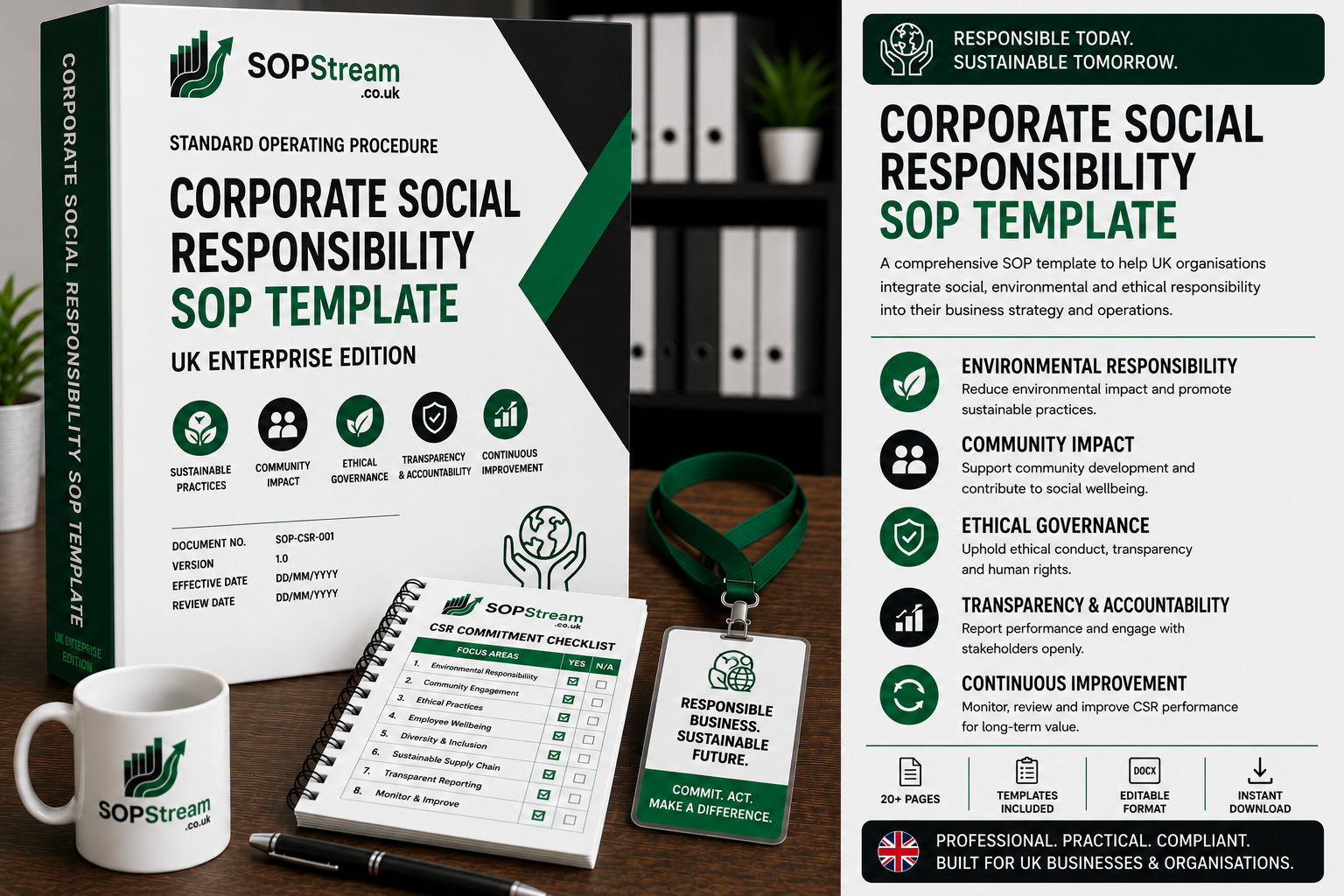 Corporate Social Responsibility (CSR) SOP Template | UK Enterprise Edition | Sustainability, Stakeholder Engagement & Responsible Business Procedure UK editable SOP template