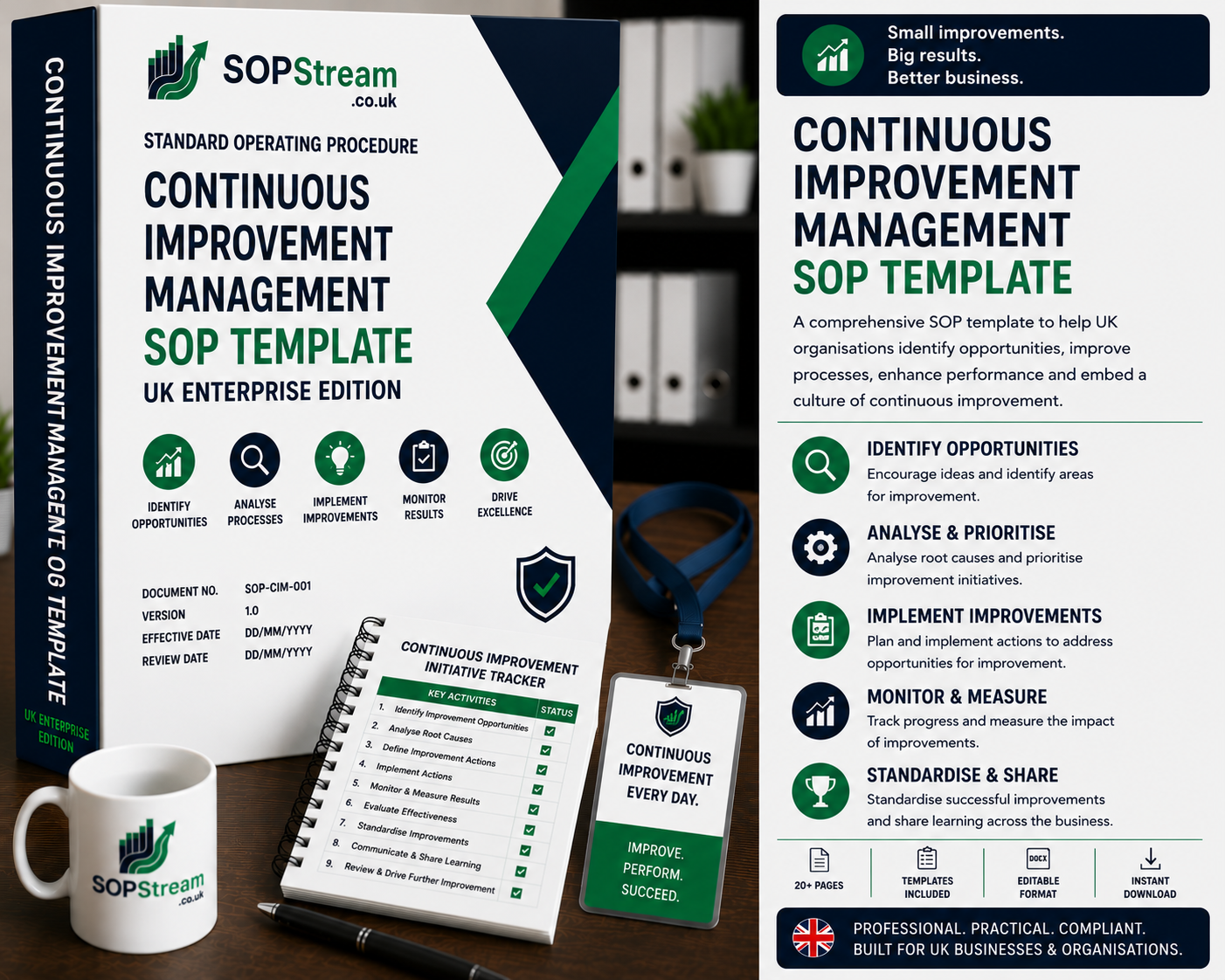 Continuous Improvement Management SOP Template | UK Enterprise Edition | Improvement Actions, KPI Tracking & Performance Enhancement Procedure UK editable SOP template