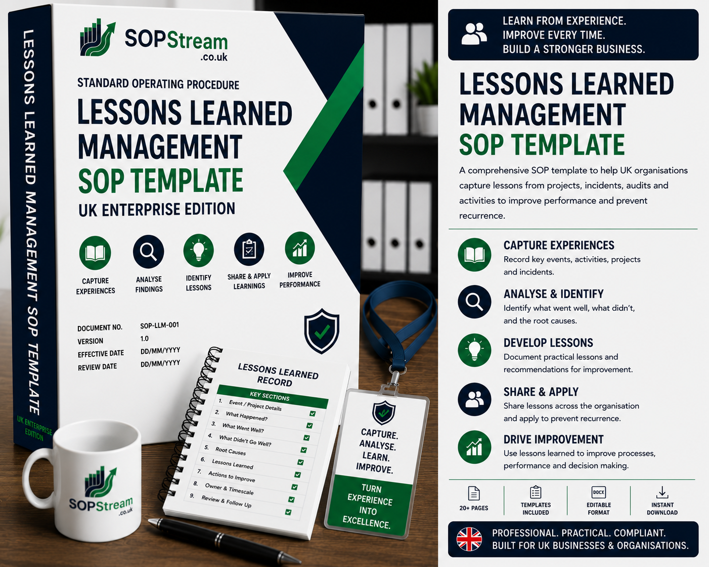 Lessons Learned Management SOP Template | UK Enterprise Edition | Knowledge Capture, Improvement Actions & Organisational Learning Procedure UK editable SOP template